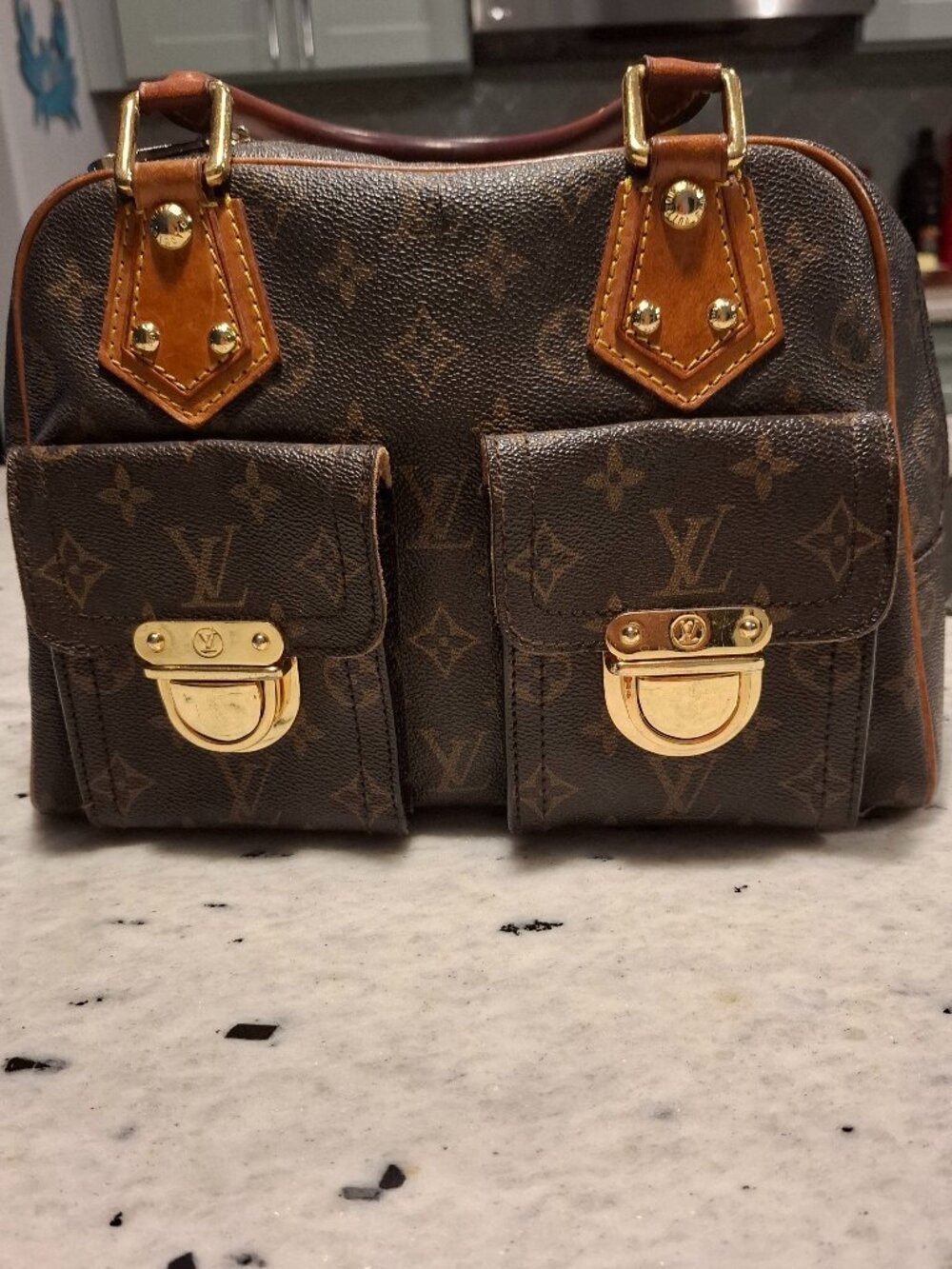 Authentic Manhattan PM Louis Vuitton Gold Monogram Satchel with Tan Leather Trim